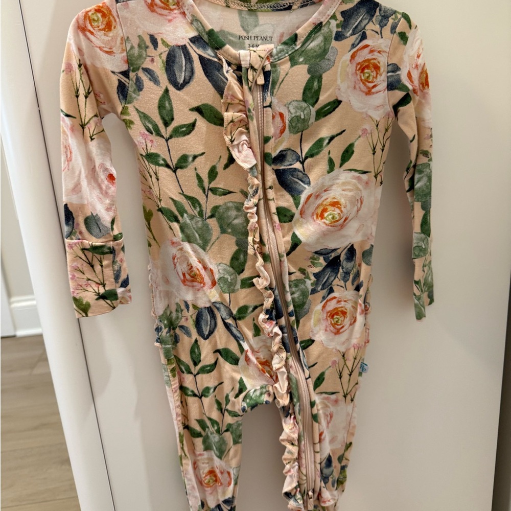 Posh Peanut Pink Floral Ruffle Zipper Footie